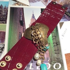 “JENNY RABELL” Leather Bracelet w Faux Turq. Beads Pearls, Hammered Metal Heart